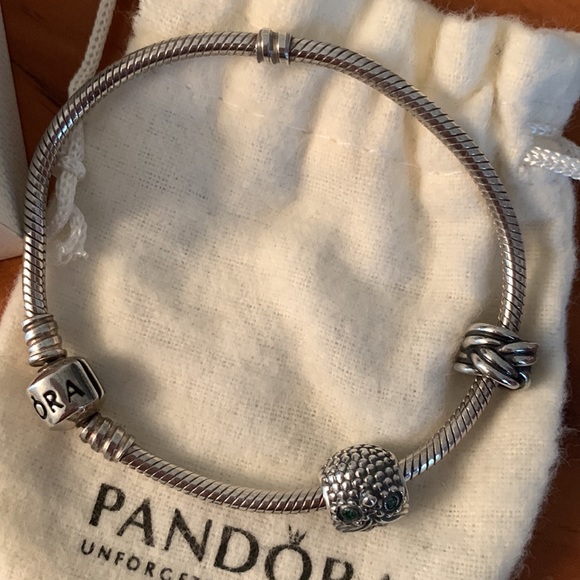 Pandora bracelet two charms Owl & love knot and pouch Sterling silver never worn - Picture 7 of 10